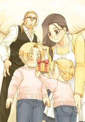 Rule 34 | 1girl, 3boys, aged down, ahoge, alphonse elric, apron, beard, blonde hair, blush, box, brothers, brown eyes, brown hair, child, denim, dress pants, dress shirt, edward elric, facial hair, family, father and son, fullmetal alchemist, gift, gift box, glasses, holding, husband and wife, jeans, leaning forward, long hair, low-tied long hair, mother and son, multiple boys, pai (1111), pants, pink sweater, ponytail, shirt, short hair, siblings, smile, sweater, trisha elric, van hohenheim, vest, yellow eyes
