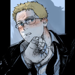 Rule 34 | 1boy, bara, black suit, blonde hair, blush, collared shirt, dorohedoro, ear blush, formal, glasses, highres, male focus, necktie, nore (boosuke), parted lips, shin (dorohedoro), shirt, short hair, shy, sideburns, silhouette, solo, stitches, suit, sweatdrop, undone necktie, upper body