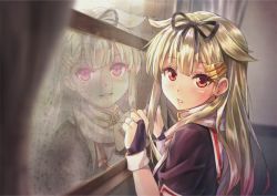 Rule 34 | 10s, 1girl, black ribbon, blonde hair, blush, bridal gauntlets, curtains, different reflection, dress, eyebrows, hair flaps, hair ornament, hair ribbon, hairclip, indoors, jewelry, kantai collection, koyuki (kotatsu358), long hair, looking at viewer, md5 mismatch, parted lips, red eyes, reflection, resolution mismatch, ribbon, ring, scarf, short sleeves, smile, solo, source smaller, upper body, wedding band, wedding dress, white scarf, window, yuudachi (kancolle), yuudachi kai ni (kancolle)