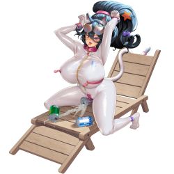 Rule 34 | 1girl, :p, alcohol, animal ear fluff, animal ears, ankleband, barcode, barcode tattoo, beer, black hair, bodysuit, bracelet, breast zipper, breasts, cameltoe, can, cat ears, cat girl, cat tail, collar, collarbone, crotch zipper, crushed can, deck chair, english text, eyewear on head, full-length zipper, full body, game cg, groin, hair between eyes, hair ornament, hair ribbon, heterochromia, high ponytail, highres, huge breasts, jewelry, last origin, long hair, looking at viewer, mole, mole on breast, nail polish, obui, official alternate costume, official art, paw pose, pink collar, pink nails, poi (last origin), ponytail, purple eyes, purple ribbon, ribbon, see-through, see-through bodysuit, sexually suggestive, skindentation, solo, star (symbol), star hair ornament, suggestive fluid, tachi-e, tail, tattoo, tongue, tongue out, transparent background, white bodysuit, yellow eyes, zipper