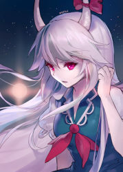 Rule 34 | 1girl, ainy, artist name, bad id, bad pixiv id, dress, ex-keine, full moon, horn ornament, horn ribbon, horns, kamishirasawa keine, long hair, looking at viewer, moon, open mouth, puffy sleeves, red eyes, ribbon, short sleeves, solo, touhou, upper body, white hair