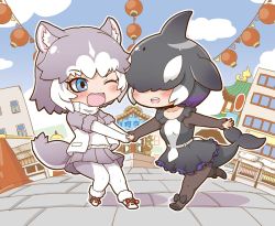 Rule 34 | 2girls, animal ear fluff, animal ears, black hair, blowhole, blue eyes, bodystocking, bow, cetacean tail, chibi, collarbone, collared dress, commentary request, covered eyes, day, dog (mixed breed) (kemono friends), dog ears, dog girl, dog tail, dorsal fin, dress, face-to-face, fins, fish tail, fisheye, frilled dress, frills, full body, fur trim, gerotan, grey hair, hair over eyes, head fins, holding hands, jacket, kemono friends, lantern, layered sleeves, long sleeves, looking at another, medium hair, miniskirt, multicolored hair, multiple girls, one eye closed, open mouth, orca (kemono friends), outdoors, outstretched arms, pleated skirt, pulling, pulling another&#039;s clothes, purple hair, running, shoes, short dress, short over long sleeves, short sleeves, skirt, smile, sweater vest, tail, teeth, two-tone hair, upper teeth only, white hair