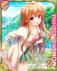Rule 34 | 1girl, :o, asahina momoko, bare legs, blush, bow, brown hair, brown jacket, card (medium), character name, collarbone, day, feet, female focus, girlfriend (kari), green skirt, jacket, legs, long hair, official art, open mouth, outdoors, pink bow, pink shirt, qp:flapper, red eyes, removing sock, river, shirt, side ponytail, skirt, sleeves rolled up, sock pull, socks, solo, standing, standing on one leg, thighs