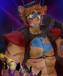 Rule 34 | abs, animal ears, bara, bow, bowtie, dust, facial hair, five nights at freddy&#039;s, five nights at freddy&#039;s: security breach, freddy fazbear, glamrock freddy, highres, large pectorals, male focus, microphone, muscular, muscular male, nipples, pectorals, solo, tattoo, whensoulscollide
