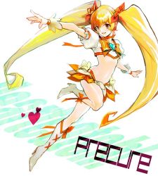 Rule 34 | 10s, 1girl, bad id, bad pixiv id, blonde hair, boots, bow, brooch, copyright name, cure sunshine, heart, heart brooch, heartcatch precure!, high heels, jewelry, knee boots, long hair, magical girl, midriff, myoudouin itsuki, navel, orange bow, orange skirt, outstretched arms, precure, shoes, skirt, smile, solo, spread arms, standing, standing on one leg, taira, twintails, very long hair, white background, wrist cuffs, yellow bow, yellow eyes