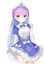 Rule 34 | 1girl, absurdres, ahoge, anchor, anchor symbol, blue bow, blue dress, blue hair, blush, bow, braid, breasts, cleavage, cleavage cutout, closed mouth, clothing cutout, colored inner hair, commentary request, dress, frilled dress, frills, fuyuki030, hair down, hand up, highres, hololive, long hair, maid headdress, medium breasts, minato aqua, minato aqua (1st costume), multicolored hair, purple eyes, purple hair, short sleeves, simple background, smile, solo, two-tone hair, very long hair, virtual youtuber, white background, white bow, wrist cuffs