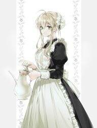 Rule 34 | 1girl, absurdres, ahoge, apron, black shirt, black skirt, blonde hair, blush, closed mouth, collared shirt, cowboy shot, expressionless, floral background, frilled apron, frills, from side, green eyes, hair between eyes, highres, holding, holding teapot, juliet sleeves, long skirt, long sleeves, looking at viewer, ma yoyo, maid, maid headdress, original, pillarboxed, puffy sleeves, shirt, short hair with long locks, sidelocks, skirt, sleeve cuffs, solo, teapot, victorian maid, white apron, white background, white headwear