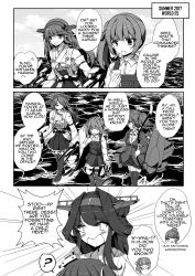 Rule 34 | &gt;:o, 10s, 5girls, :o, = =, ^ ^, aquila (kancolle), asymmetrical legwear, blouse, blush, boots, bow (weapon), buttons, cannon, cellphone, closed eyes, cloud, cloudy sky, comic, detached sleeves, double bun, dress, emphasis lines, english text, eyes visible through hair, flight deck, garter straps, greyscale, hair bun, hair intakes, hair ornament, hair ribbon, hairclip, hakama, hakama short skirt, hakama skirt, haruna (kancolle), headgear, highres, jacket, japanese clothes, kantai collection, kasumi (kancolle), knee boots, kongou (kancolle), libeccio (kancolle), long hair, long sleeves, machinery, mary janes, monochrome, multiple girls, nontraditional miko, ocean, petticoat, phone, pinafore dress, pleated skirt, ponytail, remodel (kantai collection), ribbon, sheita, shirt, shoes, side ponytail, skirt, sky, sleeveless dress, smartphone, swept bangs, thighhighs, torpedo tubes, tsurime, turret, twintails, uneven legwear, v-shaped eyebrows, wavy mouth, weapon, zettai ryouiki
