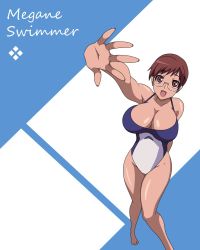 Rule 34 | 1girl, breasts, brown eyes, brown hair, cleavage, glasses, large breasts, looking at viewer, open mouth, original, short hair, smile, solo, standing, swimsuit