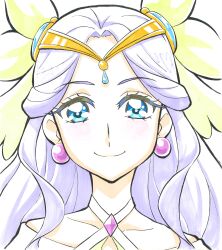 Rule 34 | 1girl, absurdres, blue eyes, commentary request, cure earth, earrings, eyelashes, fuurin asumi, hair ornament, happy, healin&#039; good precure, highres, itaoka1, jewelry, long hair, looking at viewer, magical girl, precure, purple hair, simple background, smile, solo, upper body, white background