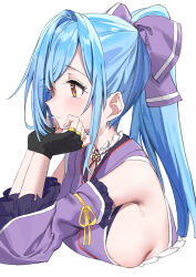 Rule 34 | .live, 1girl, absurdres, blue hair, bow, breasts, closed mouth, commentary request, detached sleeves, fingerless gloves, gloves, hair bow, hair ornament, haruyuki (gffewuoutgblubh), highres, long hair, looking to the side, medium breasts, ponytail, portrait, red eyes, sideboob, simple background, solo, virtual youtuber, white background, yamato iori