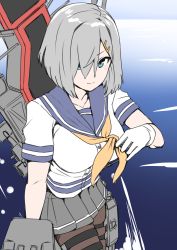 Rule 34 | 1girl, 30-06, adapted turret, black pantyhose, blue eyes, blue sailor collar, blue sky, breasts, cannon, collarbone, eyebrows hidden by hair, gloves, grey skirt, hair ornament, hair over one eye, hairclip, hamakaze (kancolle), highres, kantai collection, large breasts, neckerchief, ocean, pantyhose, pleated skirt, sailor collar, school uniform, serafuku, short hair, short sleeves, skirt, sky, smokestack, solo, torpedo launcher, torpedo tubes, turret, water, white gloves, white hair, yellow neckerchief