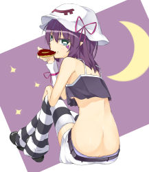 Rule 34 | 1girl, back, ban (bannyata), breasts, butt crack, crescent, crescent moon, doughnut, eating, female focus, food, green eyes, hat, highres, looking back, merry nightmare, midriff, moon, pointy ears, purple hair, ribbon, short hair, sitting, skirt, small breasts, solo, striped clothes, striped thighhighs, thighhighs, underboob, yumekui merry