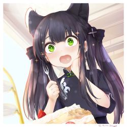 Rule 34 | 1girl, animal ears, black dress, blue archive, blush, border, cake, china dress, chinese clothes, dress, food, fork, green eyes, hair ribbon, hand on own cheek, hand on own face, highres, holding, holding fork, ichiban renga, indoors, long hair, open mouth, ribbon, short sleeves, shun (blue archive), shun (small) (blue archive), solo, star (symbol), strawberry shortcake, tea stand, twintails, twitter username, two side up, upper body