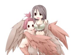 Rule 34 | 1girl, 2girls, bangs pinned back, bare shoulders, bird legs, bmp-to-png conversion, breasts, brown eyes, brown feathers, brown tank top, brown wings, cleavage, crop top, feathered wings, feathers, frfr, game cg, hair between eyes, harpy, long hair, looking at viewer, medium breasts, medium hair, midriff, mon-musu quest!, monster girl, multiple girls, navel, non-web source, open mouth, pii (mon-musu quest!), pina (mon-musu quest!), red eyes, red hair, siblings, sisters, small breasts, tank top, transparent background, winged arms, wings