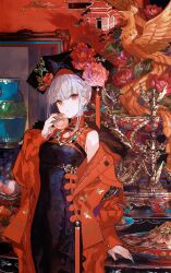 Rule 34 | 1girl, bare shoulders, bird, black dress, black hat, blush, breasts, chinese clothes, dalachi (headdress), dress, flower, food, fruit, fuzichoco, grey hair, hair flower, hair ornament, hat, highres, indoors, jacket, lazy susan, looking at viewer, medium breasts, multicolored nails, off shoulder, open clothes, open jacket, original, peach, phoenix, print dress, red eyes, red jacket, sleeveless, sleeveless dress, solo