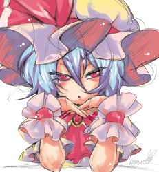 Rule 34 | 1girl, bad id, bad pixiv id, blue hair, head rest, female focus, fingernails, hat, kogawa, nail, no nose, red eyes, remilia scarlet, short hair, sketch, solo, steepled fingers, touhou, wrist cuffs