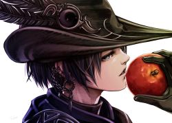 Rule 34 | 1girl, apple, black gloves, black hair, blue eyes, close-up, ear piercing, final fantasy, final fantasy xiv, food, from side, fruit, gloves, hat, hat feather, highres, hyur, looking at viewer, mihira (tainosugatayaki), piercing, portrait, solo, white background, zero (ff14)