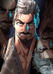 Rule 34 | 1boy, angry, beard, blue eyes, clenched teeth, coat, colored skin, facial hair, grey hair, highres, king magnifico, looking at viewer, male focus, mature male, short hair, solo, solo focus, teeth, thick eyebrows, tobo katsuo, white skin, wish (disney)