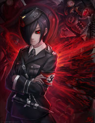 Rule 34 | 1girl, armband, black hair, black sclera, closed mouth, colored sclera, commentary request, crossed arms, dagger, deviantart username, fingernails, hair over one eye, hat, highres, jacket, jurrig, kirishima touka, knife, long sleeves, looking at viewer, military, military jacket, military uniform, nazi, one eye covered, red eyes, robot, short hair, signature, solo, swastika, tokyo ghoul, uniform, weapon, wing collar