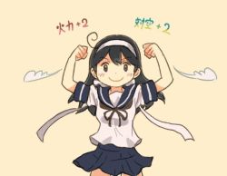 Rule 34 | 1girl, ahoge, beige background, black eyes, black hair, blue sailor collar, blue skirt, brown neckerchief, clenched hand, commentary request, cowboy shot, hairband, kantai collection, long hair, looking at viewer, neckerchief, pleated skirt, saiguchi otoufu, sailor collar, school uniform, serafuku, simple background, skirt, smile, solo, translation request, ushio (kancolle), ushio kai ni (kancolle), white hairband