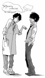 Rule 34 | 10s, 2boys, aldnoah.zero, artist name, character name, closed eyes, dated, facial hair, full body, glasses, greyscale, hand in pocket, lab coat, looking at another, male focus, marito koichiro, marito kouichirou, monochrome, multiple boys, necktie, pants, pointing, profile, shimura takako, simple background, sleeves rolled up, standing, stubble, white background, yagarai soma