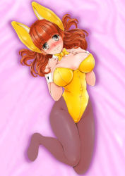 Rule 34 | 1girl, absurdres, animal ears, bed, black pantyhose, blunt bangs, bow, bowtie, breasts, brown eyes, brown hair, closed mouth, commentary request, detached collar, fake animal ears, girls und panzer, highres, large breasts, leotard, long hair, looking at viewer, lying, nanashi noiji, pantyhose, playboy bunny, rabbit ears, rabbit girl, solo, strapless, strapless leotard, takebe saori, wrist cuffs, yellow bow, yellow bowtie, yellow leotard