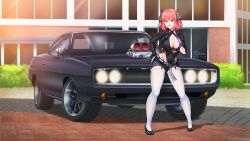 Rule 34 | 1girl, artist name, bike shorts, bikini, black footwear, black leotard, black ribbon, blue eyes, cameltoe, car, commentary, criss-cross halter, dodge (company), dodge charger, english commentary, fast &amp; furious, fast &amp; furious (2009), go-toubun no hanayome, hair ribbon, halterneck, highres, imrinzlergtz art, leotard, leotard pull, looking at viewer, medium hair, motor vehicle, muscle car, nakano nino, open mouth, purple bikini, ribbon, shadow, skindentation, smile, solo, swimsuit, the fast and the furious, thighhighs, vehicle focus, white thighhighs