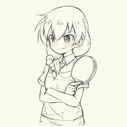 Rule 34 | 1girl, blush, braid, collared shirt, crossed arms, grey background, greyscale, hair between eyes, hair over shoulder, holding, monochrome, paddle, pas (paxiti), sasorida sachiko, shakunetsu no takkyuu musume, shirt, short sleeves, simple background, sketch, smile, solo, spot color, table tennis paddle, upper body, v-shaped eyebrows, wing collar