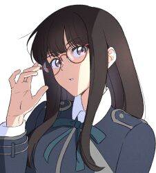 Rule 34 | 1girl, absurdres, adjusting eyewear, aqua ribbon, bespectacled, black hair, blue dress, chouchou aile, collared shirt, commentary, dress, glasses, highres, inoue takina, long hair, long sleeves, looking at viewer, lycoris recoil, lycoris uniform, neck ribbon, parted lips, purple eyes, red-framed eyewear, ribbon, shadow, shirt, sidelocks, simple background, solo, upper body, white background, white shirt