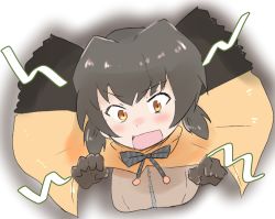 Rule 34 | 10s, 1girl, bow, bowtie, brown hair, frilled lizard (kemono friends), gloves, kemono friends, low ponytail, low twintails, open mouth, orange eyes, portrait, short hair, simple background, solo, twintails, white background, ygrm0324