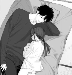 Rule 34 | 1boy, 1girl, age difference, blush, chup2m, closed eyes, collared shirt, couple, greyscale, hetero, indoors, long hair, looking at another, lying, monochrome, no pants, on bed, on side, original, panties, parted lips, pillow, shirt, smile, sweater, twintails, underwear