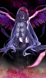 Rule 34 | 10s, 1girl, akemi homura, akuma homura, argyle, argyle clothes, argyle legwear, bare shoulders, black gloves, black hair, black wings, bow, closed eyes, crying, dress, elbow gloves, feathered wings, feathers, gloves, hair bow, high heels, lailu, long hair, mahou shoujo madoka magica, mahou shoujo madoka magica: hangyaku no monogatari, reflection, solo, spoilers, squatting, star (sky), thighhighs, very long hair, wings