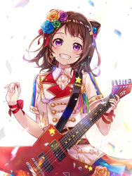 Rule 34 | 1girl, bang dream!, blue flower, brown hair, buttons, center frills, commentary request, cone hair bun, confetti, double-breasted, dress, electric guitar, esp guitars, flower, frills, green flower, grin, guitar, hair bun, hair flower, hair ornament, hair ribbon, headset, highres, iku2727, instrument, looking at viewer, orange flower, plectrum, purple eyes, purple flower, red ribbon, ribbon, short hair, short sleeves, smile, solo, star (symbol), star hair ornament, toyama kasumi, treble clef, wrist ribbon