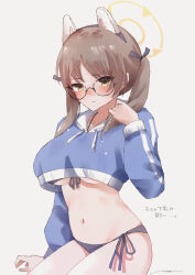 Rule 34 | 1girl, amahara nue, animal ears, bikini, black bikini, blue archive, blue shirt, blush, breasts, brown hair, cropped shirt, fake animal ears, front-tie bikini top, front-tie top, halo, large breasts, looking at viewer, moe (blue archive), moe (swimsuit) (blue archive), navel, official alternate costume, rabbit ears, shirt, side-tie bikini bottom, solo, stomach, swimsuit, translation request, twintails, underboob