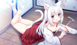 Rule 34 | 1girl, animal ear fluff, animal ears, ass, blue eyes, blush, breasts, cat ears, cat girl, cat tail, clothes lift, collarbone, commentary request, commission, full body, gohei, hair between eyes, hakama, hakama lift, hakama skirt, highres, japanese clothes, kimono, legs up, long sleeves, looking at viewer, lying, miko, no shoes, on floor, on stomach, original, panties, parted lips, pink panties, pixiv commission, red hakama, sakuraba hikaru (loveindog), shide, skirt, small breasts, socks, soles, solo, tail, underwear, white hair, white kimono, white socks, wide sleeves, wooden floor