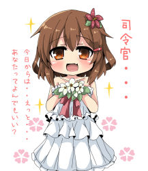 Rule 34 | 1girl, blush, brown eyes, brown hair, dress, fang, flower, hair ornament, hairclip, ikazuchi (kancolle), kantai collection, looking at viewer, open mouth, oshiruko (uminekotei), short hair, skin fang, smile, solo, translated, wedding dress