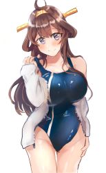 Rule 34 | 1girl, adjusting clothes, adjusting swimsuit, ahoge, alternate costume, bare arms, blue one-piece swimsuit, blush, breasts, brown hair, closed mouth, collarbone, competition swimsuit, covered navel, cowboy shot, groin, hair between eyes, hair rings, hairband, hand on own thigh, hand up, head tilt, headgear, highres, hip focus, jacket, kantai collection, kongou (kancolle), large breasts, legs together, light smile, long hair, long sleeves, looking at viewer, miyako (rgrayt), one-piece swimsuit, open clothes, open jacket, parted bangs, purple eyes, sidelocks, signature, simple background, sketch, smile, solo, standing, strap lift, swimsuit, swimsuit under clothes, thigh gap, thighs, white background, white jacket, wide hips