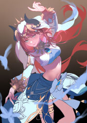 Rule 34 | 1girl, absurdres, armlet, blue skirt, blush, bracer, breasts, brooch, fake horns, genshin impact, green eyes, hair ornament, harem outfit, highres, hiro (hirohiro gorira), horns, jewelry, large breasts, long hair, long sleeves, looking at viewer, low twintails, navel, neck ring, nilou (genshin impact), puffy long sleeves, puffy sleeves, red hair, sash, sidelocks, skirt, smile, solo, thighlet, thighs, twintails, veil