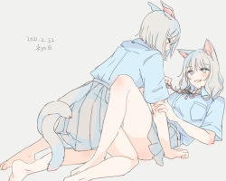 Rule 34 | 2girls, animal ears, bare legs, barefoot, blue shirt, blush, breast pocket, cat ears, cat girl, cat tail, collared shirt, commentary request, dated, fang, full body, girl on top, grey background, grey eyes, grey hair, grey skirt, inutose, kneeling, looking at another, lying, medium hair, multiple girls, neck ribbon, on back, open mouth, original, pink ribbon, pleated skirt, pocket, ribbon, school uniform, shirt, shirt tucked in, short hair, simple background, skirt, tail, thighs, translation request, yuri