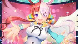 Rule 34 | 1girl, :d, black ribbon, blush, breasts, commentary request, dress, feathered wings, hair rings, headphones, headset, highres, long hair, low twintails, medium breasts, multicolored hair, neck ribbon, one piece, one piece film: red, open mouth, outstretched arms, red hair, ribbon, smile, solo, teeth, twintails, two-tone hair, upper body, upper teeth only, uta (one piece), very long hair, white dress, white hair, white wings, wings, ymd (holudoun)