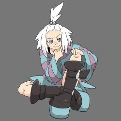 Rule 34 | 1girl, bangs pinned back, blue eyes, boots, creatures (company), female focus, freckles, full body, game freak, hamoya, head rest, high heel boots, high heels, looking at viewer, nintendo, pokemon, pokemon bw2, roxie (pokemon), short hair, sitting, smile, solo, tagme, white hair