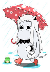 Rule 34 | (o) (o), 10s, abyssal ship, bag, boots, commentary request, cosplay, frog, horns, kantai collection, long hair, mittens, moomin, moomintroll, muppo, northern ocean hime (cosplay), northern ocean princess, plastic bag, rain, sazanami konami, simple background, tail, umbrella