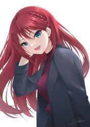 Rule 34 | 1girl, :d, absurdres, asahina akane (nijisanji), black jacket, blue eyes, braid, dated, floating hair, from side, hair between eyes, hand in own hair, highres, jacket, long hair, long sleeves, looking at viewer, nijisanji, open mouth, red hair, red sweater, shiinochi, signature, simple background, smile, solo, sweater, upper body, very long hair, virtual youtuber, white background