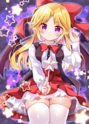 Rule 34 | 1girl, absurdres, bat wings, black vest, black wings, blonde hair, blush, bow, bowtie, breasts, closed mouth, commentary request, elis (touhou), hair bow, head tilt, highres, holding, holding wand, long hair, long sleeves, medium breasts, miniskirt, open clothes, open vest, purple eyes, red bow, red bowtie, red skirt, shirt, skirt, solo, star (symbol), star wand, thick thighs, thighhighs, thighs, touhou, touhou (pc-98), very long hair, vest, wand, white shirt, white thighhighs, wings, yurufuwa milk