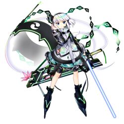 Rule 34 | 1girl, alternate costume, black footwear, black hairband, closed mouth, energy sword, flower, frilled skirt, frills, full body, game cg, ghost, green eyes, green skirt, hairband, headset, highres, holding lightsaber, konpaku youmu, konpaku youmu (ghost), konpaku youmu (lunar war gardener), lightsaber, long sleeves, looking at viewer, pink flower, rotte (1109), short hair, simple background, skirt, solo, sword, third-party source, touhou, touhou lostword, weapon, white background