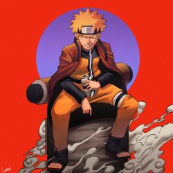 Rule 34 | 1boy, absurdres, blonde hair, blue eyes, commentary, english commentary, facial mark, forehead protector, highres, male focus, naruto (series), naruto shippuuden, ninja, obarii, open mouth, sandals, scroll, short hair, solo, spiked hair, straight-on, uzumaki naruto, whisker markings