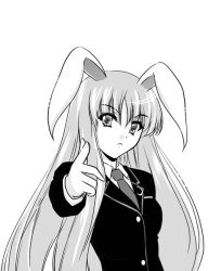 Rule 34 | &gt;:(, 1girl, animal ears, blazer, breasts, buttons, collared shirt, crescent, female focus, finger gun, frown, greyscale, jacket, long hair, looking at viewer, monochrome, necktie, outstretched arm, parted bangs, pointing, pointing at viewer, rabbit ears, reisen udongein inaba, school uniform, shirt, simple background, small breasts, solo, touhou, upper body, v-shaped eyebrows, very long hair, yamaguchi takashi, yamaguchi yuu
