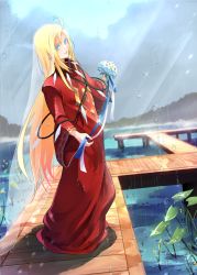Rule 34 | 1boy, ahat (ragnarok online), ahoge, bishounen, blonde hair, blue eyes, blue flower, commentary request, flower, full body, hair between eyes, holding, holding flower, lake, light rays, long hair, long sleeves, looking at viewer, male focus, mit (necomit), open mouth, outdoors, parted lips, pier, ragnarok online, rain, red robe, robe, smile, solo, sunbeam, sunlight, very long hair, water