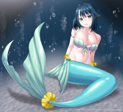Rule 34 | 1girl, air bubble, awono nanaumi, blue hair, breasts, bubble, cleavage, collarbone, commentary, fukami nana (awono nanaumi), full body, green eyes, hair flaps, highres, large breasts, looking at viewer, mermaid, monster girl, original, short hair, sitting, smile, solo, sparkle, symbol-only commentary, underwater